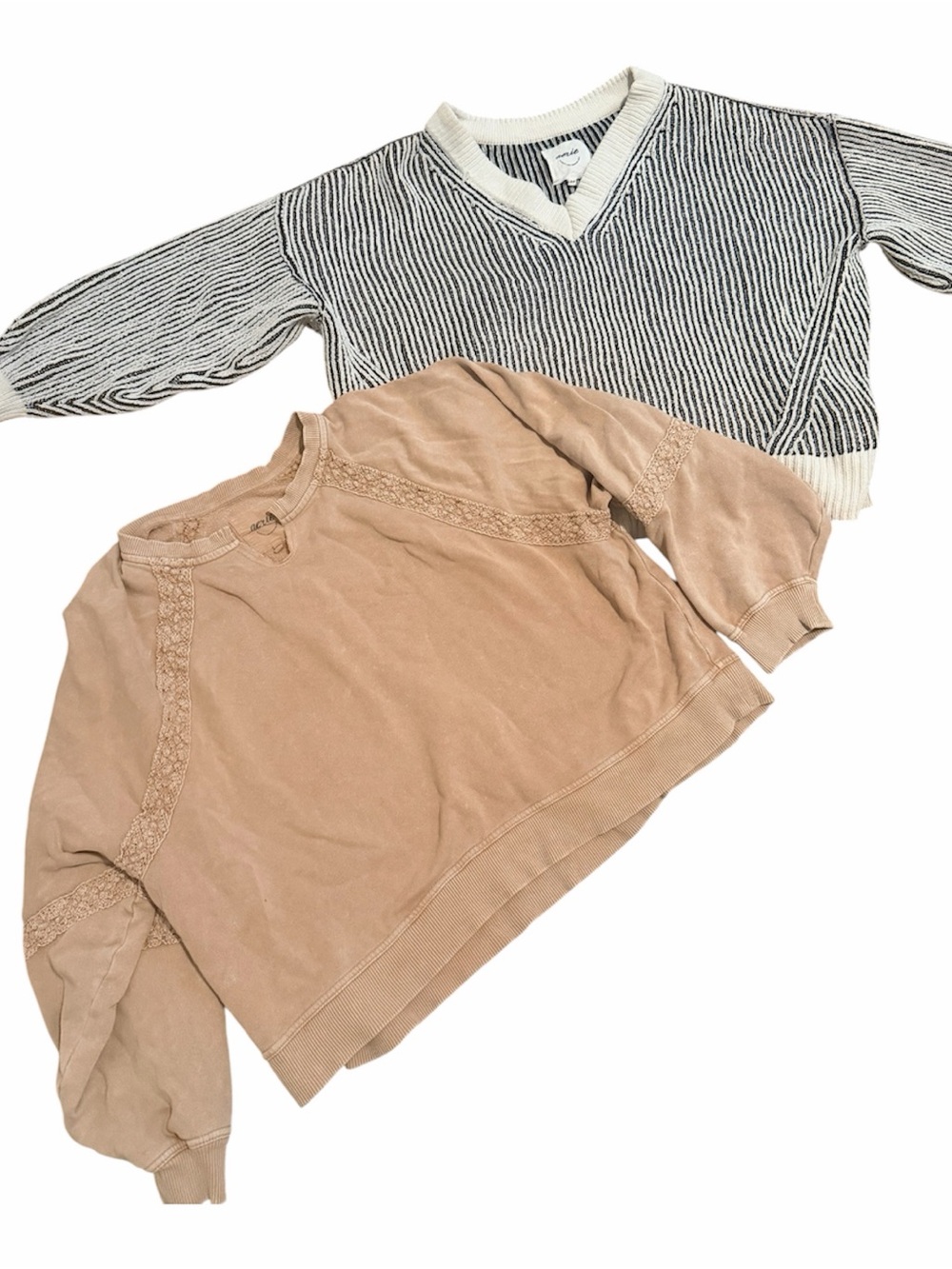 aerie bundle Tan Lace-Trim Sweater & Black-White Striped V-Neck sweater